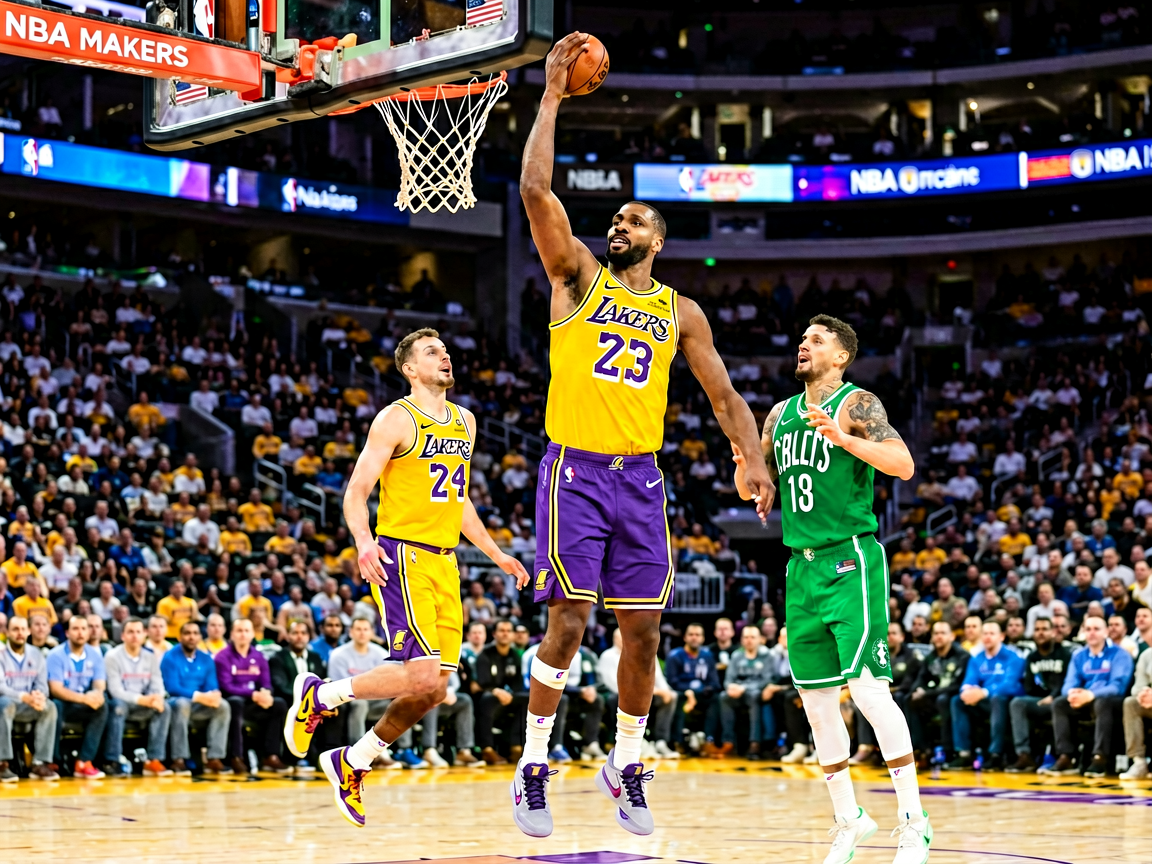 NBA常规赛湖人队比赛现场，球员突破上篮精彩瞬间